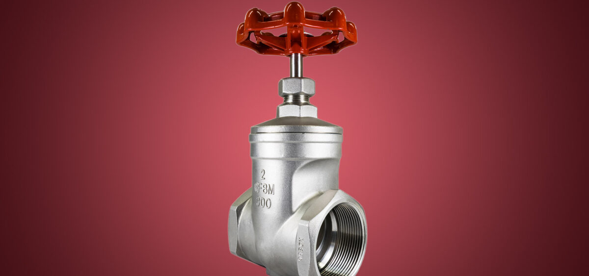 silver gate valve with red cog attached